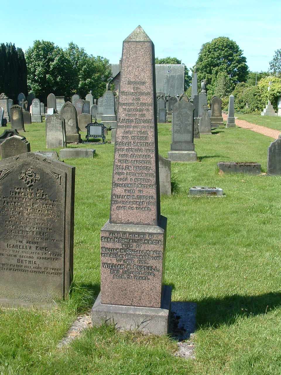 Gravestone 1874-1926 RUSSELL Family,  1874, Linked To: <a href='i932.html' >Catherine Bain Watson</a>